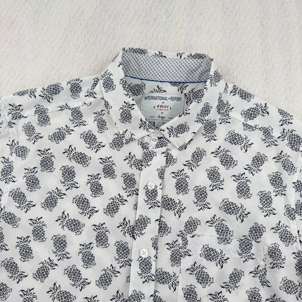 International Report Mens Large Pineapple Print 4-Way Stretch Shirt White/Navy